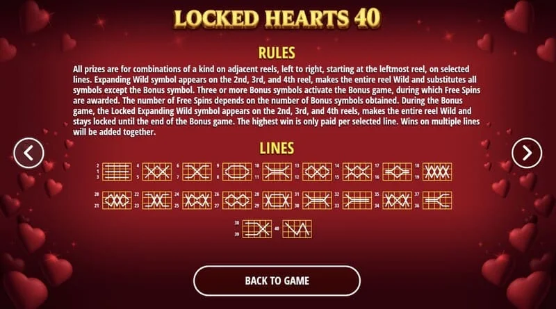 Locked Hearts 40 - výherní linie na válcích